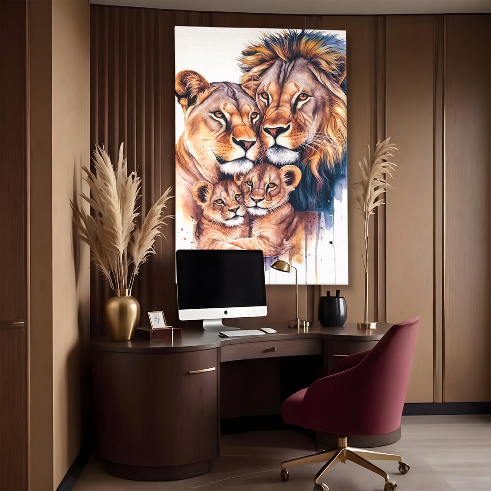 Tablou canvas cu tablou canvas cu familie de lei, fara rama, pe sasiu de lemn, pe perete intr-un birou