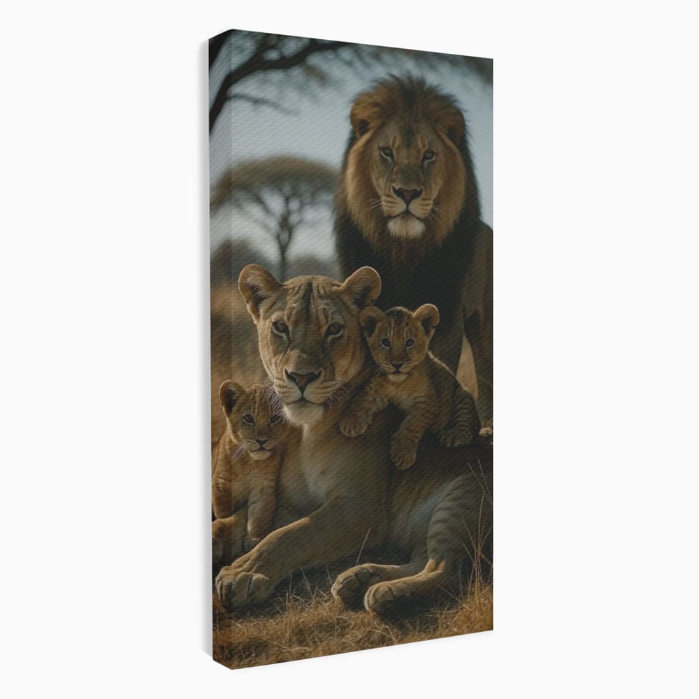 Tablou canvas cu tablou canvas cu familie de lei in savana, fara rama, pe sasiu de lemn