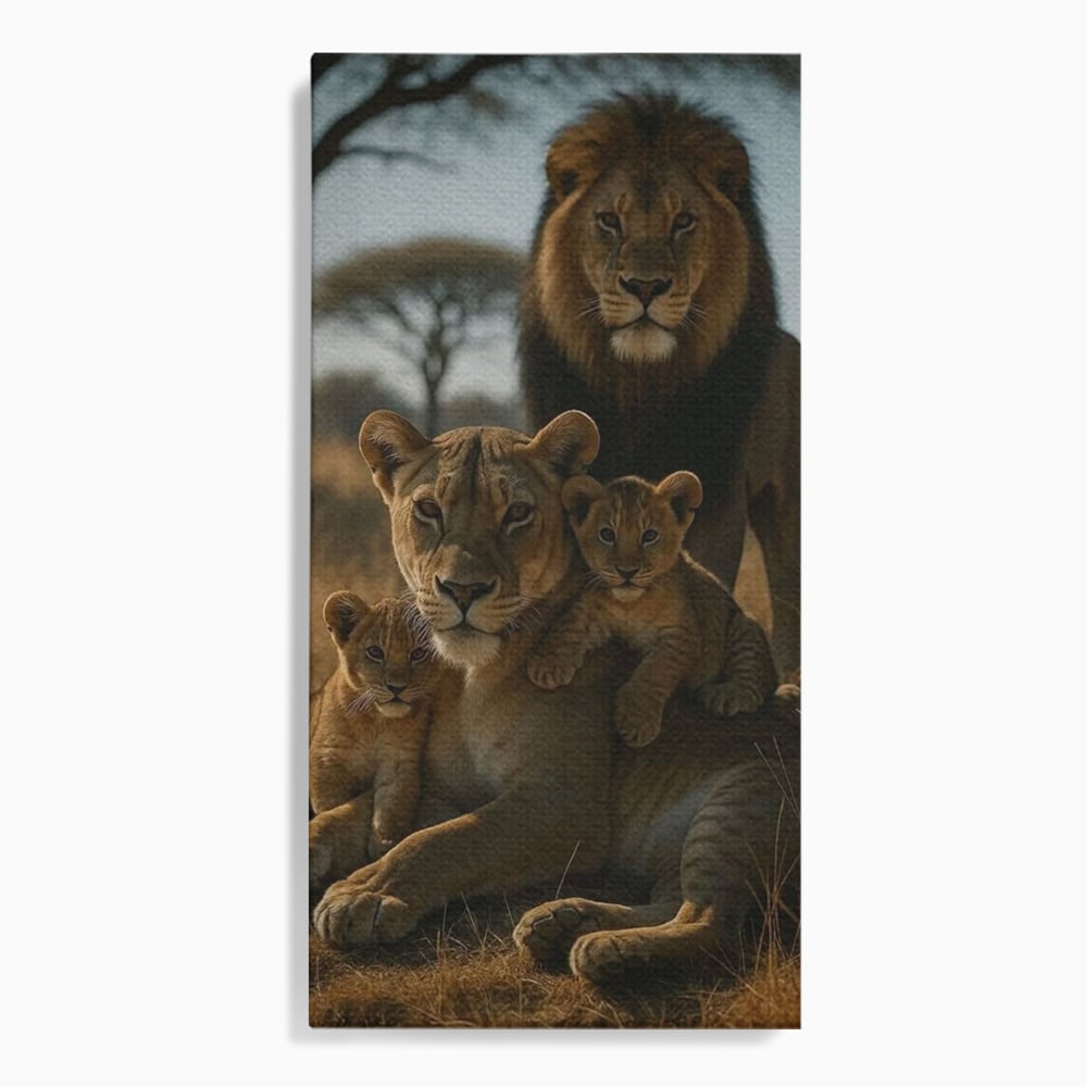 Tablou canvas cu tablou canvas cu familie de lei in savana, fara rama, pe sasiu de lemn