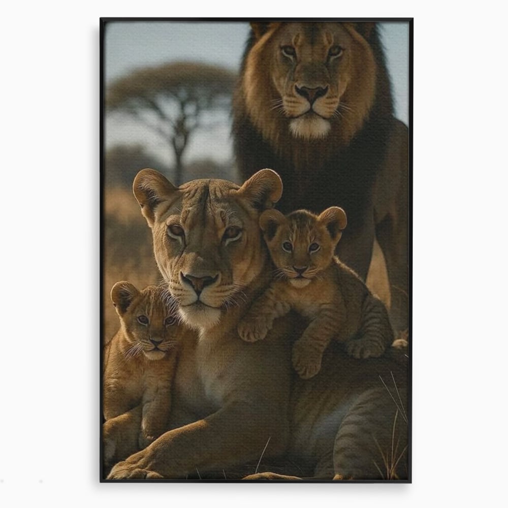 Tablou canvas cu tablou canvas cu familie de lei in savana, in rama de aluminiu negru