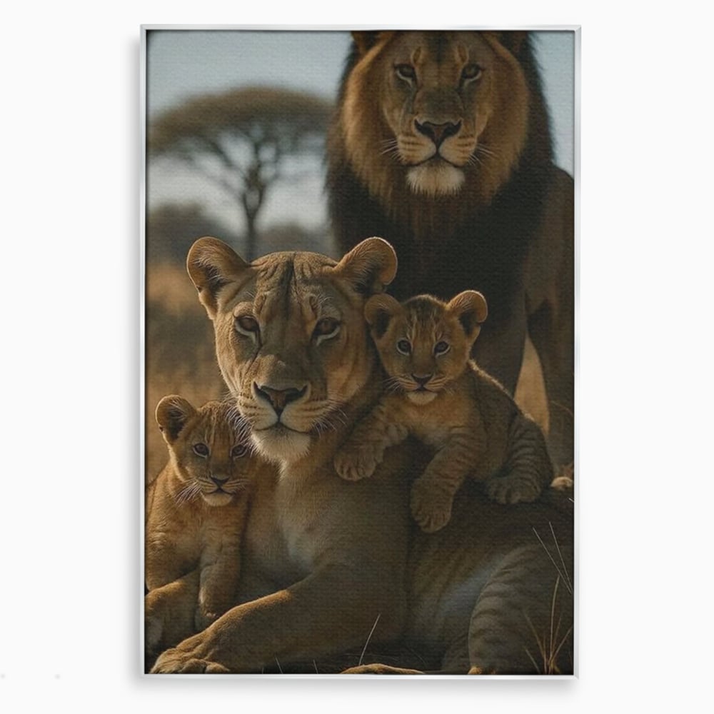 Tablou canvas cu tablou canvas cu familie de lei in savana, in rama de aluminiu argintiu