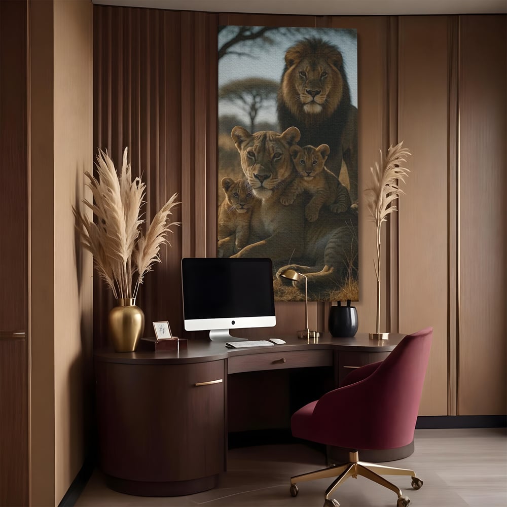 Tablou canvas cu tablou canvas cu familie de lei in savana, fara rama, pe sasiu de lemn, pe perete intr-un birou