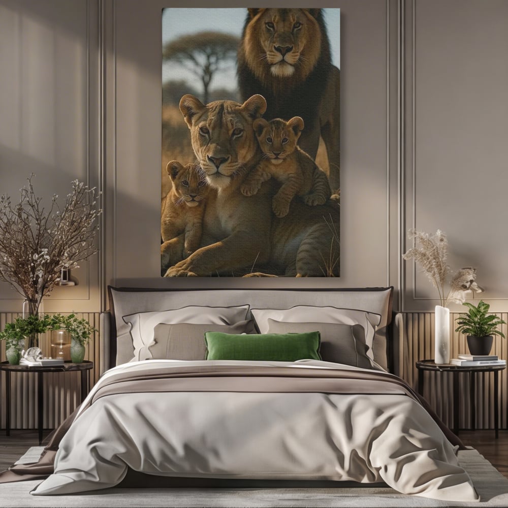 Tablou canvas cu tablou canvas cu familie de lei in savana, fara rama, pe sasiu de lemn, pe perete intr-un dormitor