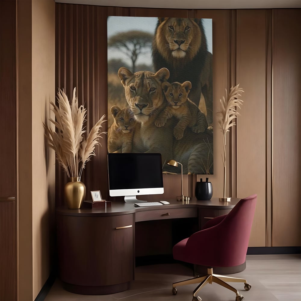 Tablou canvas cu tablou canvas cu familie de lei in savana, fara rama, pe sasiu de lemn, pe perete intr-un birou