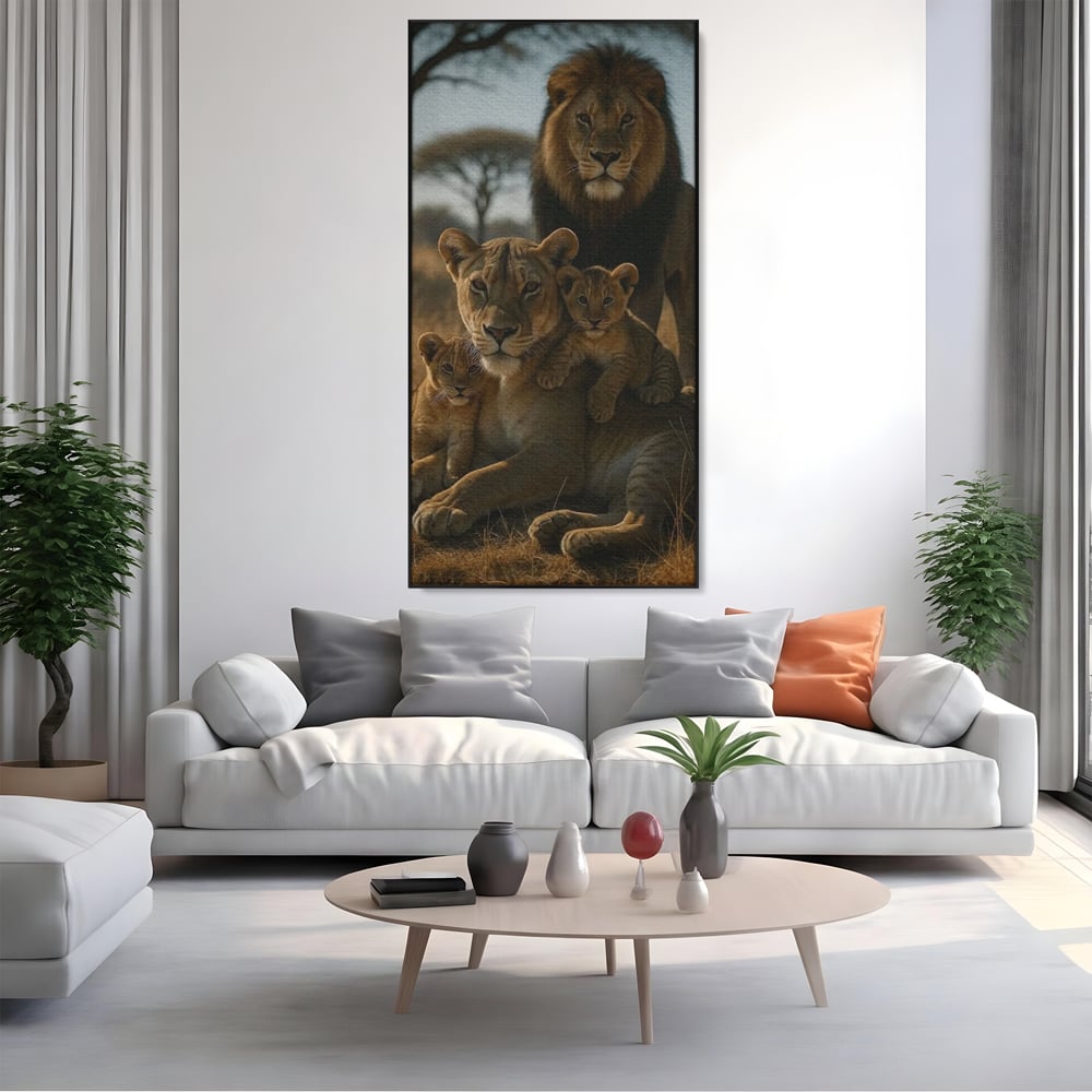 Tablou canvas cu tablou canvas cu familie de lei in savana, in rama de aluminiu negru, pe perete intr-un living