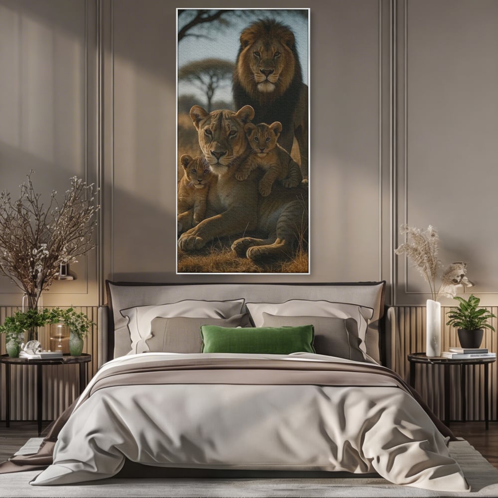 Tablou canvas cu tablou canvas cu familie de lei in savana, in rama de aluminiu argintiu, pe perete intr-un dormitor