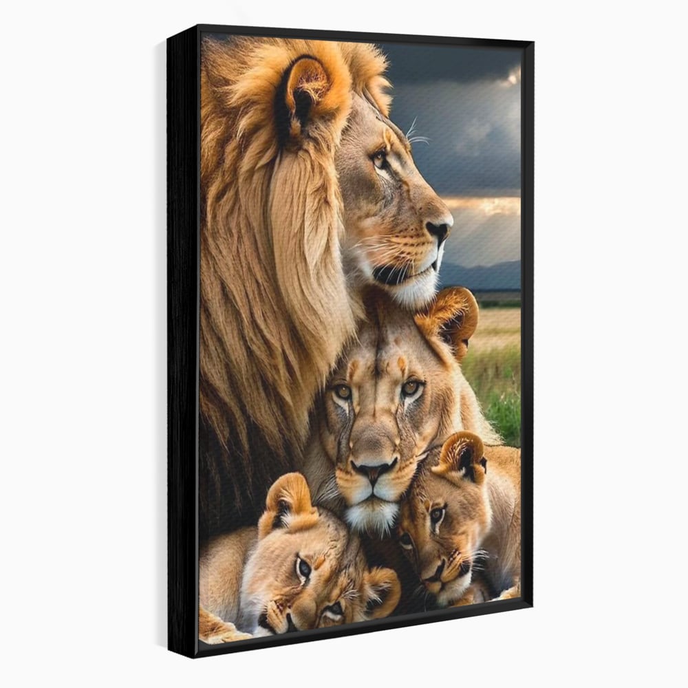 Tablou canvas cu tablou canvas cu o familie de lei, in rama de aluminiu negru