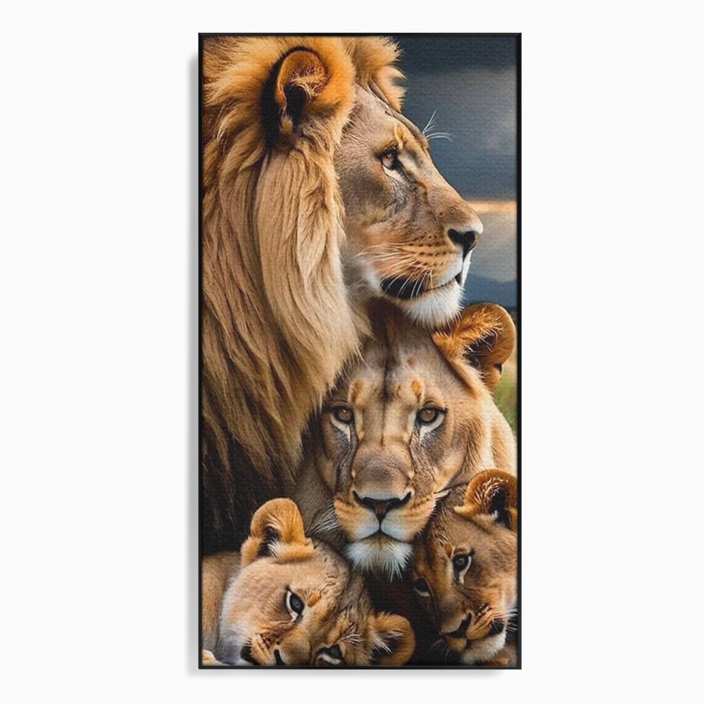 Tablou canvas cu tablou canvas cu o familie de lei, in rama de aluminiu negru