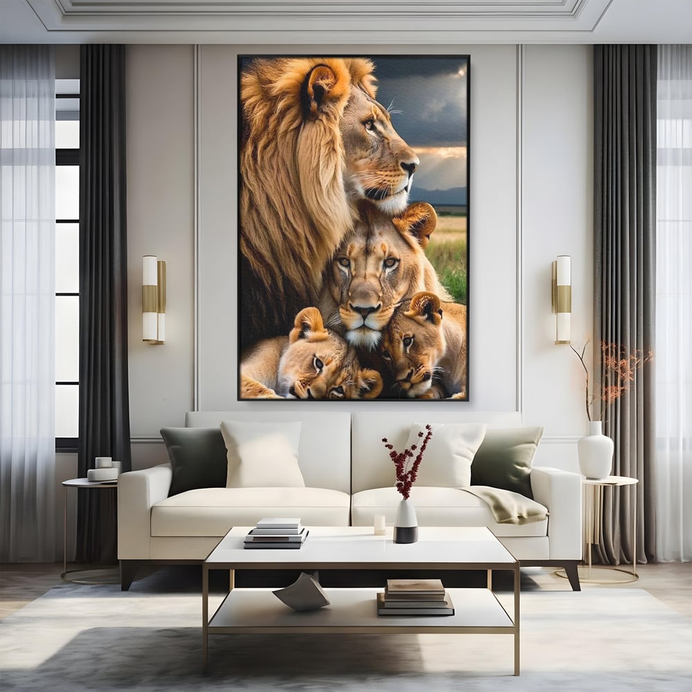 Tablou canvas cu tablou canvas cu o familie de lei, in rama de aluminiu negru, pe perete intr-un living