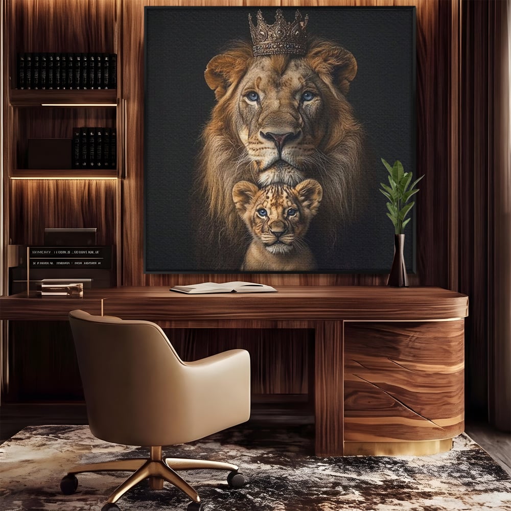 Tablou canvas cu tablou portret cu leu si pui, in rama de aluminiu negru, pe perete intr-un birou