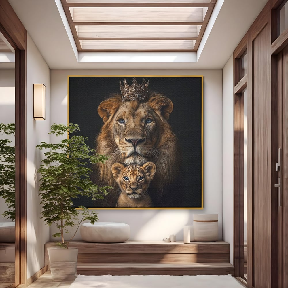 Tablou canvas cu tablou portret cu leu si pui, in rama de aluminiu auriu