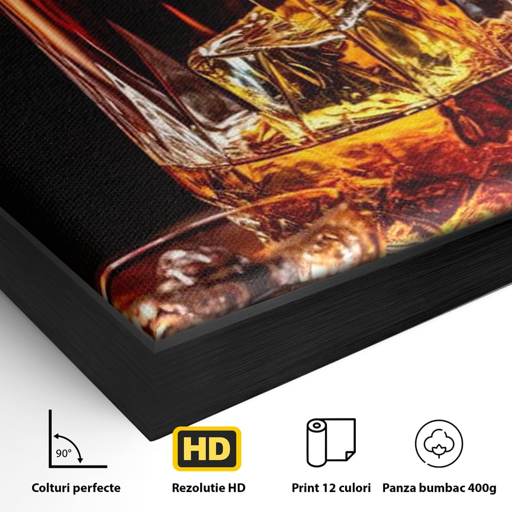 Detaliu al suprafetei: tablou canvas cu turnare de whisky, in rama de aluminiu negru