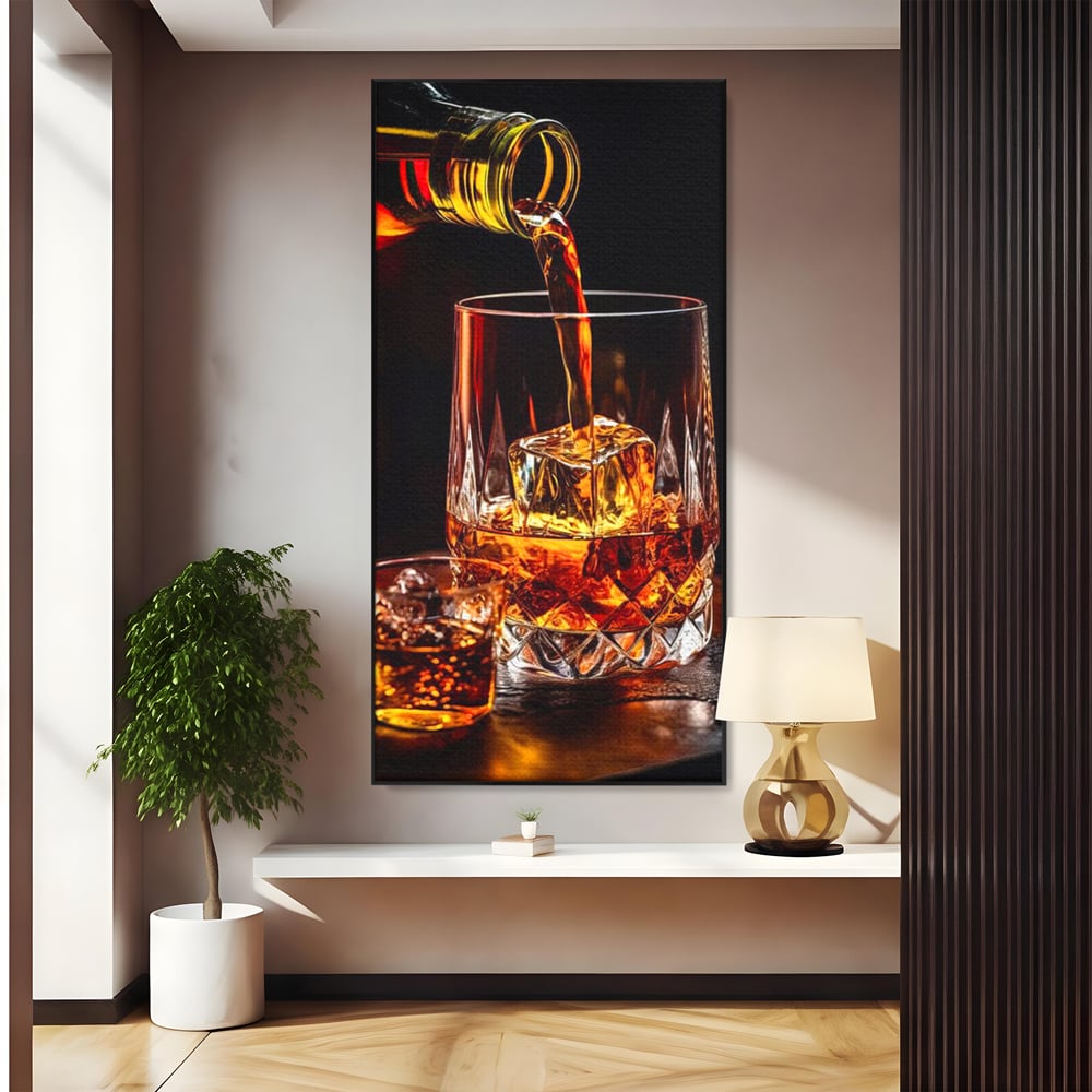 Tablou canvas cu tablou canvas cu turnare de whisky, in rama de aluminiu negru