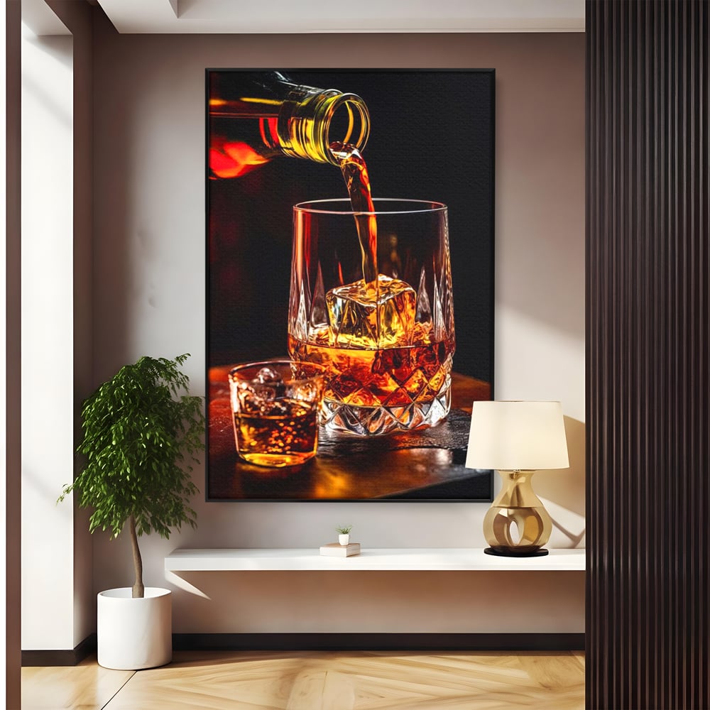 Tablou canvas cu tablou canvas cu turnare de whisky, in rama de aluminiu negru