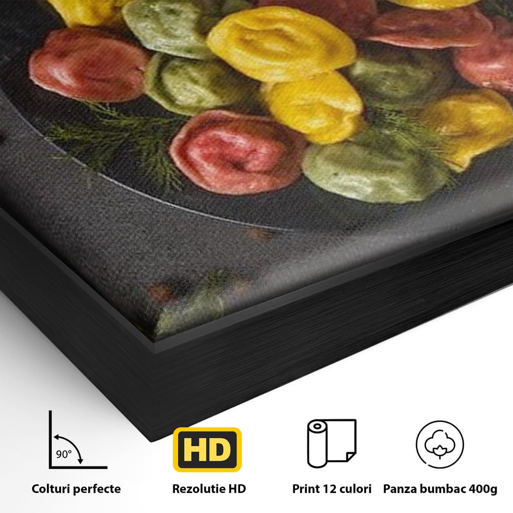 Detaliu al suprafetei: tablou canvas cu paste colorate, in rama de aluminiu negru