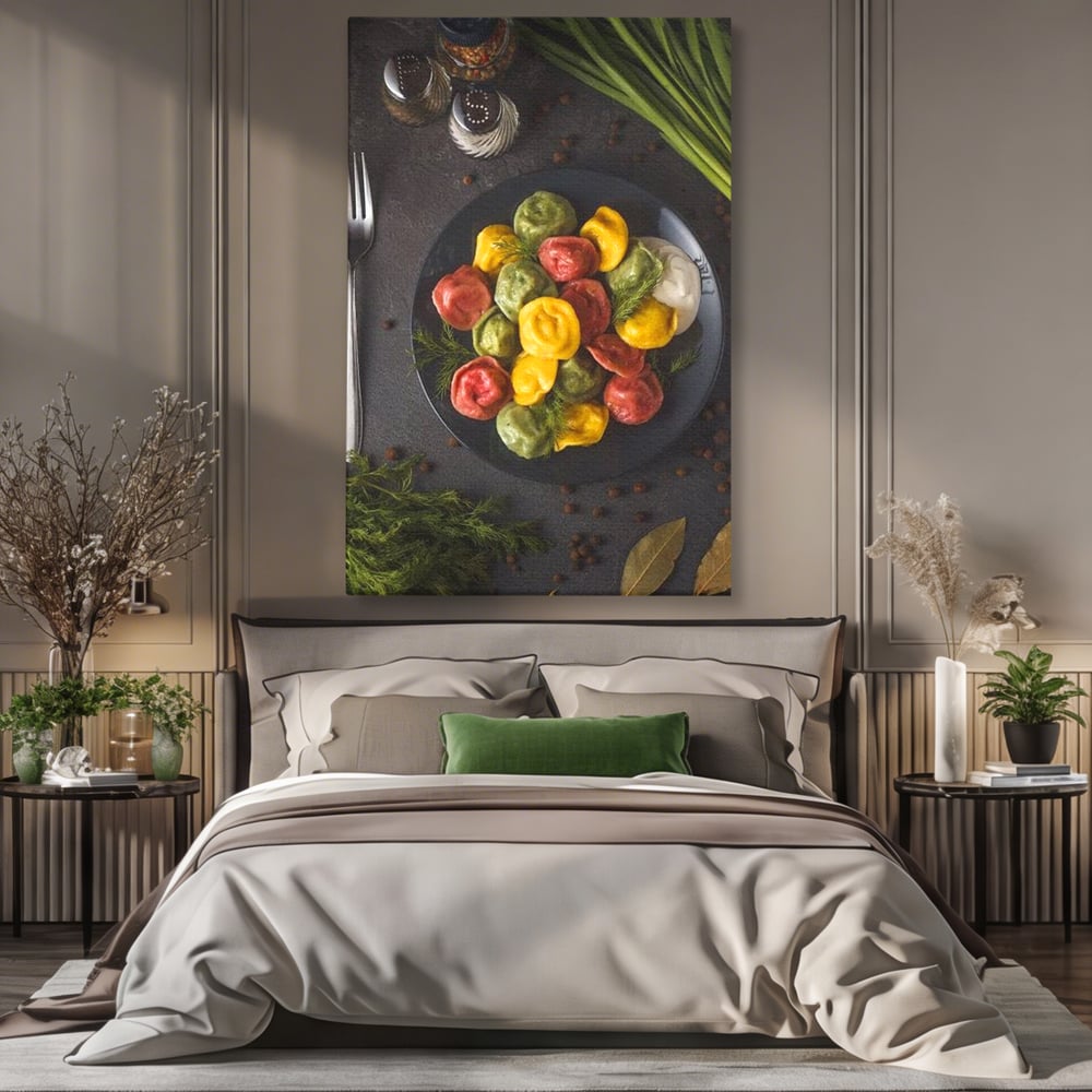 Tablou canvas cu tablou canvas cu paste colorate, fara rama, pe sasiu de lemn, pe perete intr-un dormitor