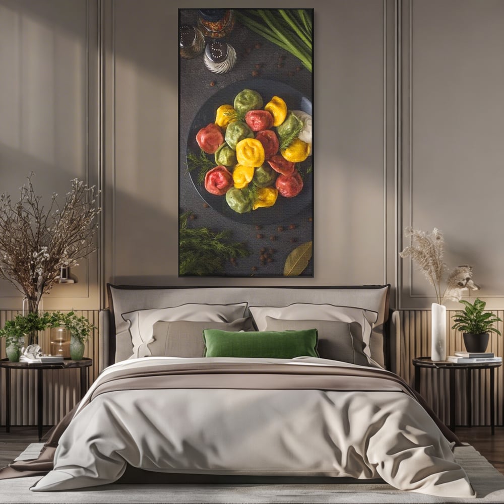 Tablou canvas cu tablou canvas cu paste colorate, in rama de aluminiu negru, pe perete intr-un dormitor