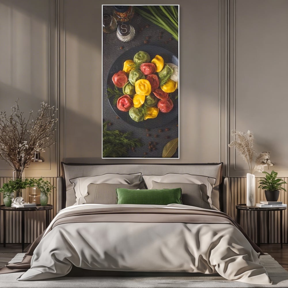 Tablou canvas cu tablou canvas cu paste colorate, in rama de aluminiu argintiu, pe perete intr-un dormitor