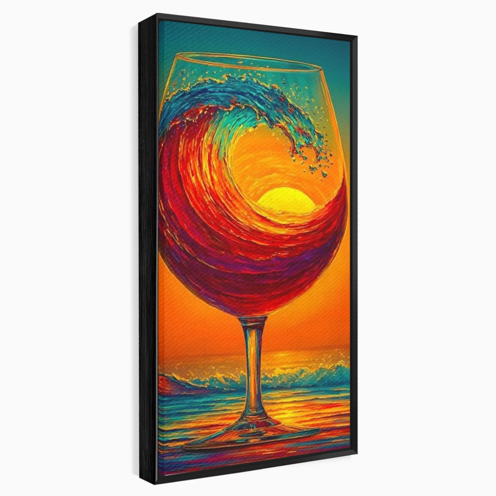 Tablou canvas cu tablou canvas cu pahar de vin si val, in rama de aluminiu negru
