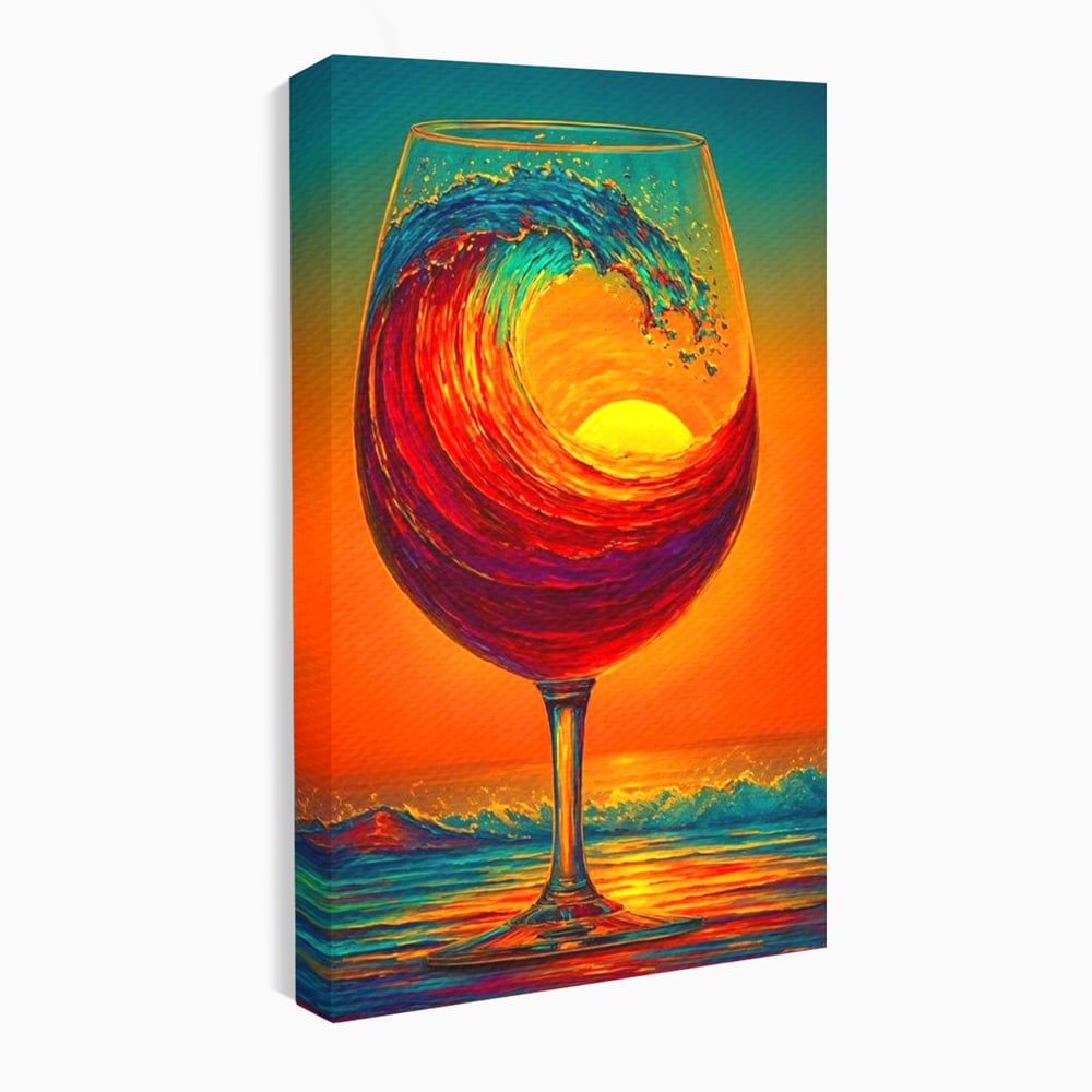 Tablou canvas cu tablou canvas cu pahar de vin si val, fara rama, pe sasiu de lemn