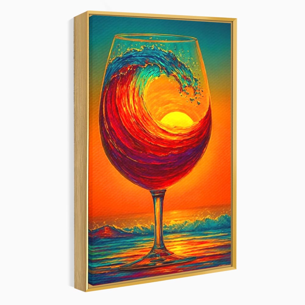 Tablou canvas cu tablou canvas cu pahar de vin si val, in rama de aluminiu auriu