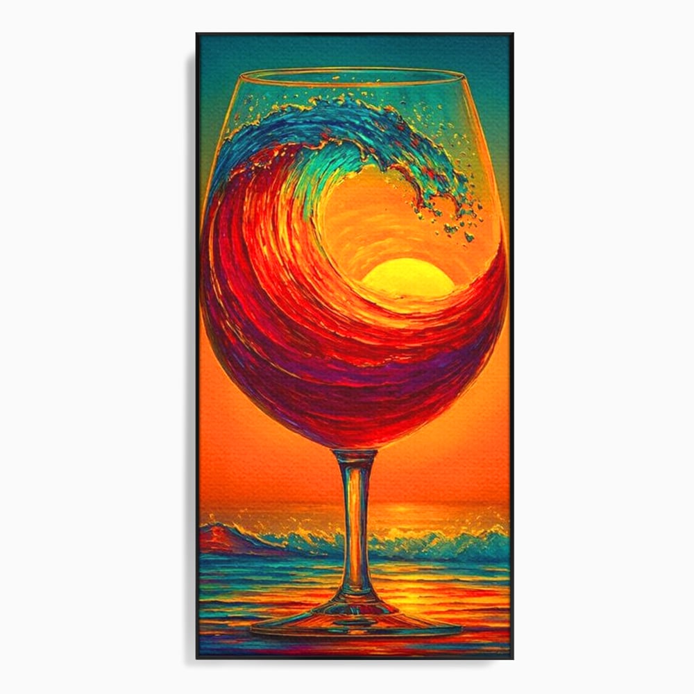 Tablou canvas cu tablou canvas cu pahar de vin si val, in rama de aluminiu negru