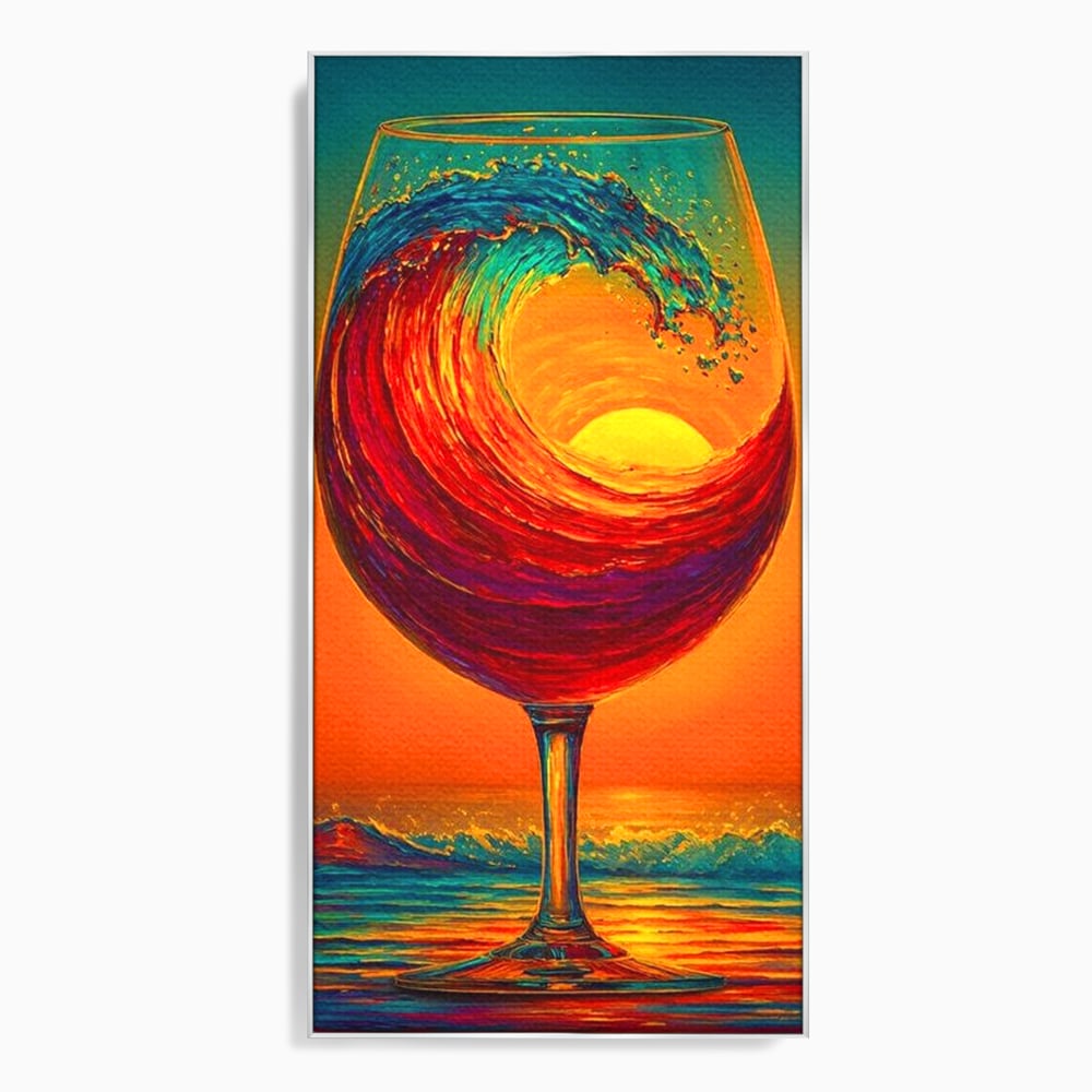 Tablou canvas cu tablou canvas cu pahar de vin si val, in rama de aluminiu argintiu
