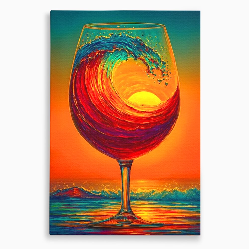 Tablou canvas cu tablou canvas cu pahar de vin si val, fara rama, pe sasiu de lemn
