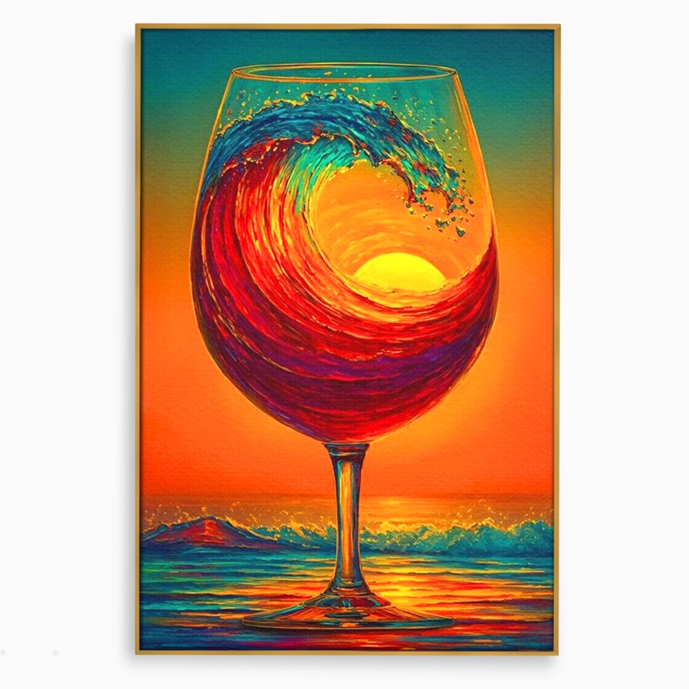 Tablou canvas cu tablou canvas cu pahar de vin si val, in rama de aluminiu auriu