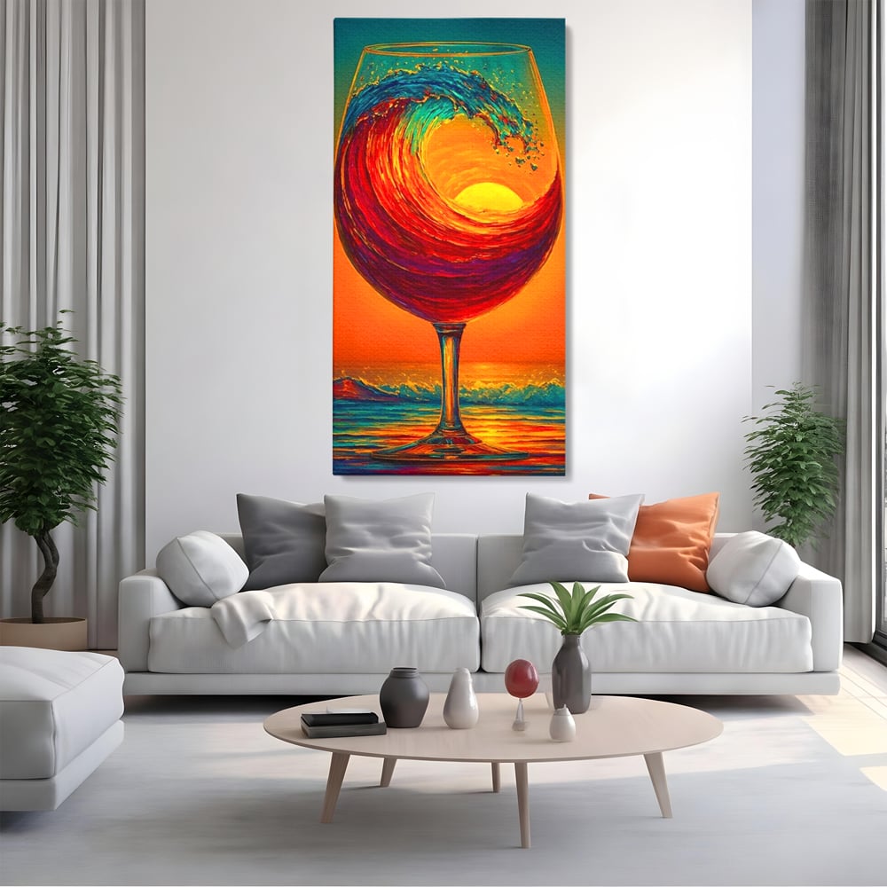 Tablou canvas cu tablou canvas cu pahar de vin si val, fara rama, pe sasiu de lemn, pe perete intr-un living