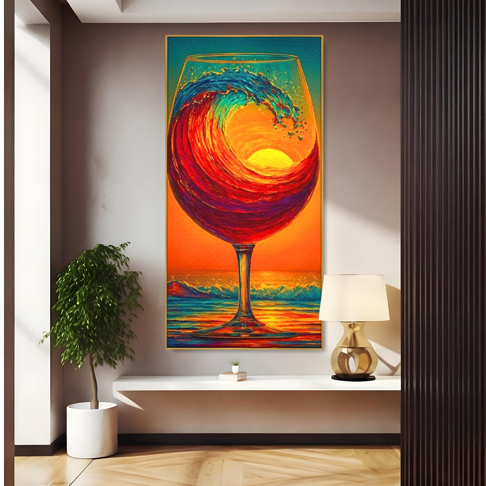 Tablou canvas cu tablou canvas cu pahar de vin si val, in rama de aluminiu auriu
