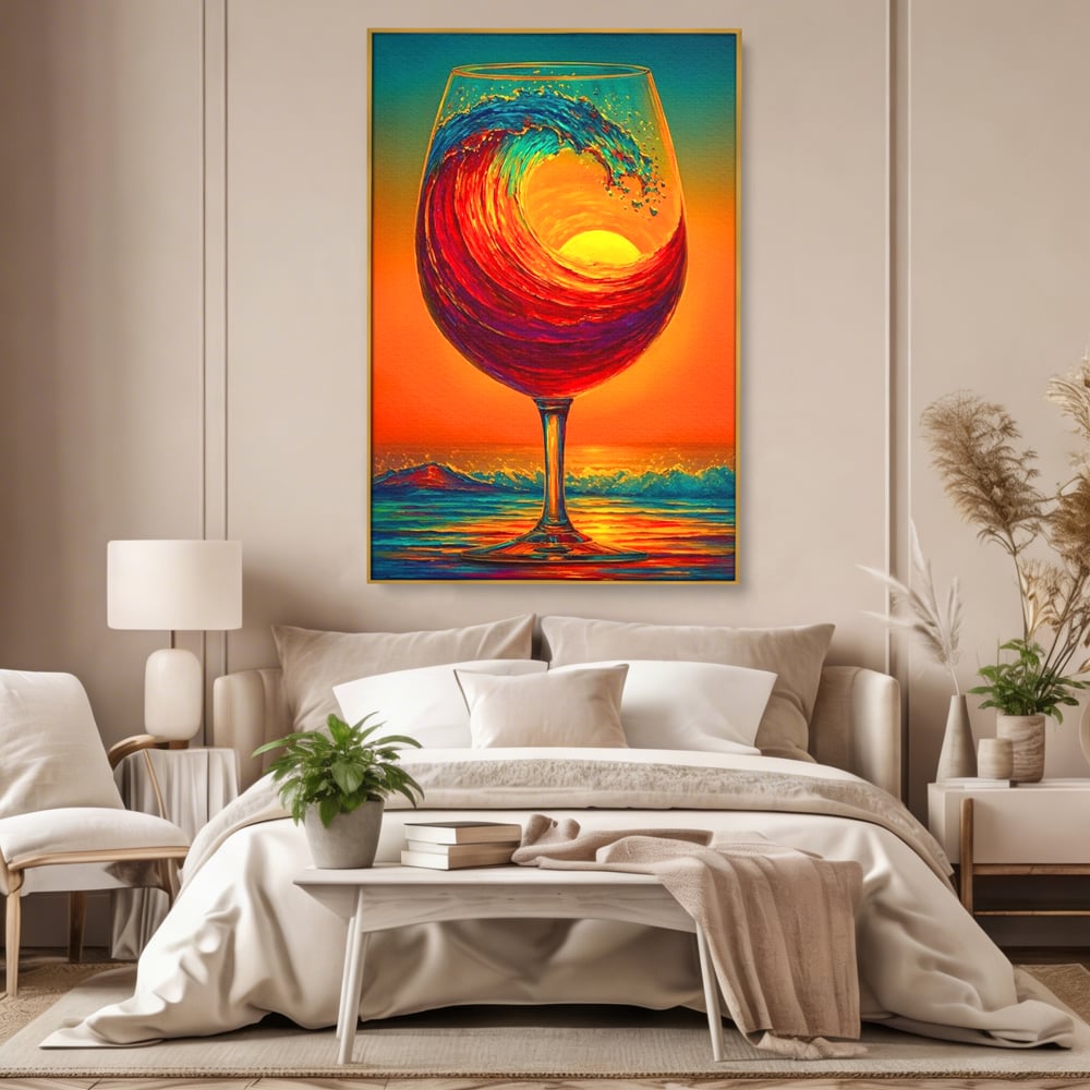 Tablou canvas cu tablou canvas cu pahar de vin si val, in rama de aluminiu auriu, pe perete intr-un dormitor