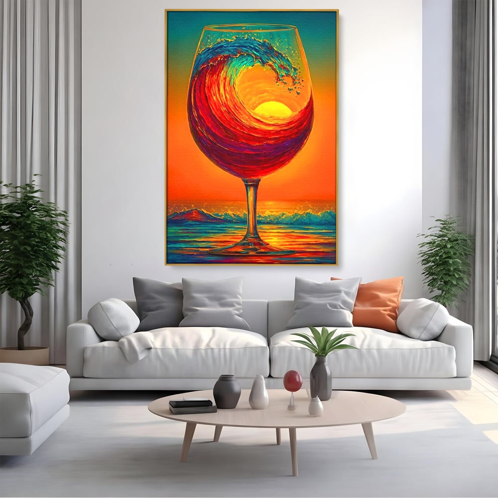Tablou canvas cu tablou canvas cu pahar de vin si val, in rama de aluminiu auriu, pe perete intr-un living