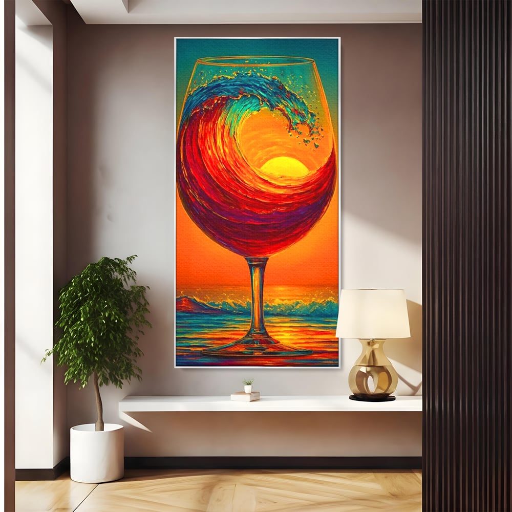 Tablou canvas cu tablou canvas cu pahar de vin si val, in rama de aluminiu argintiu