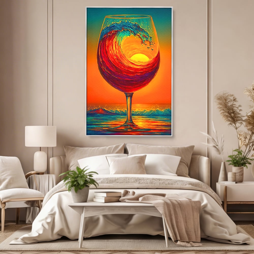 Tablou canvas cu tablou canvas cu pahar de vin si val, in rama de aluminiu argintiu, pe perete intr-un dormitor
