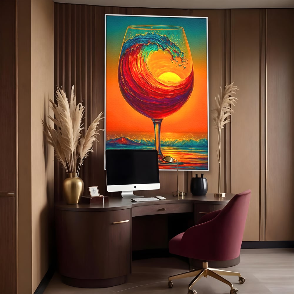 Tablou canvas cu tablou canvas cu pahar de vin si val, in rama de aluminiu argintiu, pe perete intr-un birou