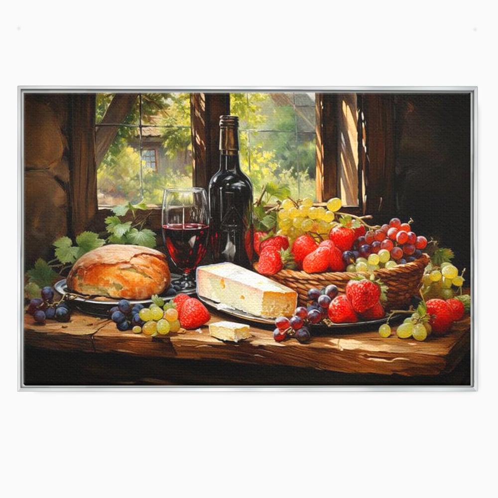 Tablou canvas cu natura moarta cu paine si vin, in rama de aluminiu argintiu