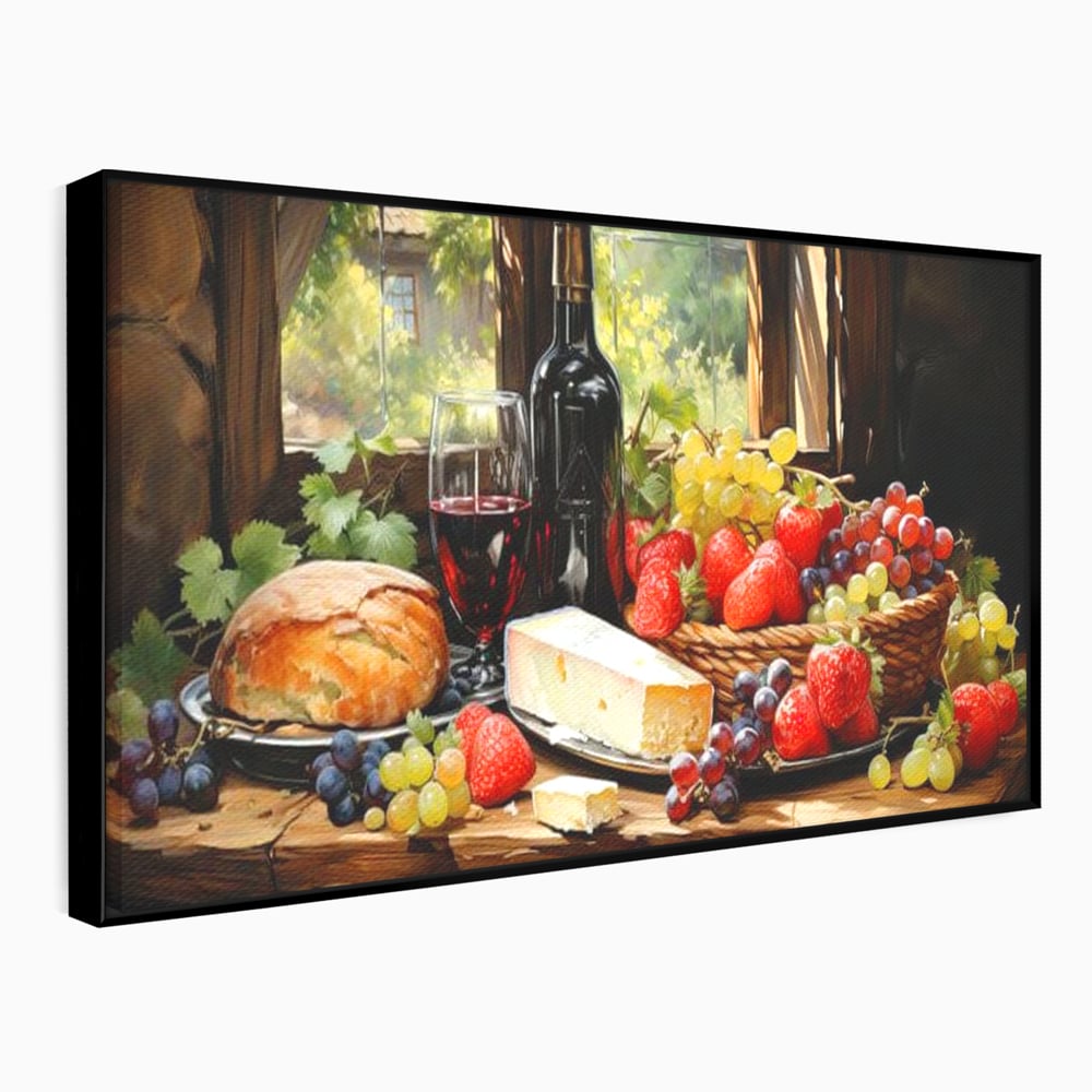 Tablou canvas cu natura moarta cu paine si vin, in rama de aluminiu negru