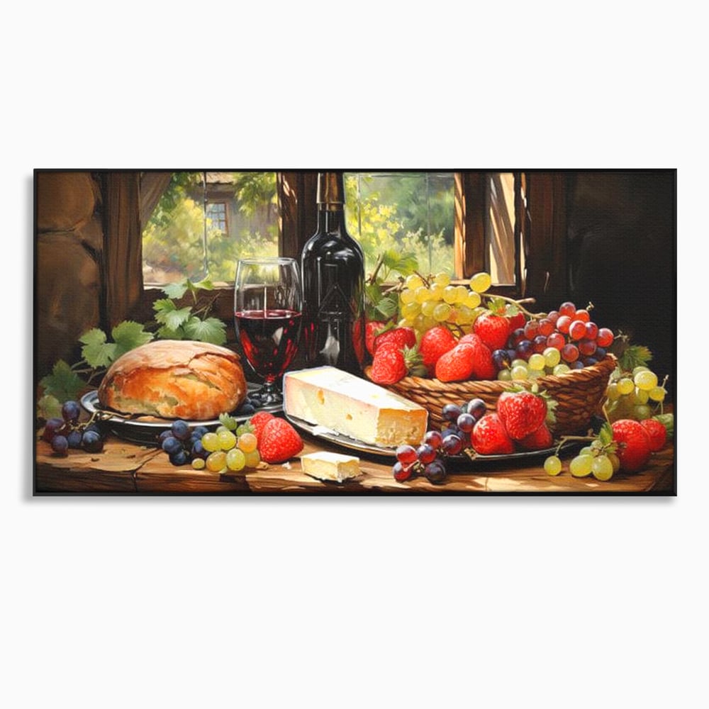 Tablou canvas cu natura moarta cu paine si vin, in rama de aluminiu negru