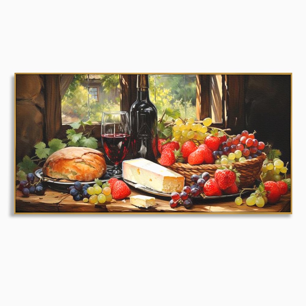 Tablou canvas cu natura moarta cu paine si vin, in rama de aluminiu auriu