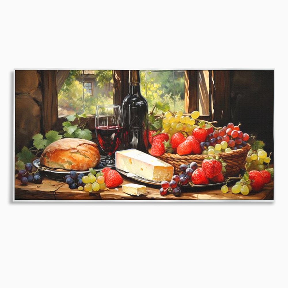 Tablou canvas cu natura moarta cu paine si vin, in rama de aluminiu argintiu
