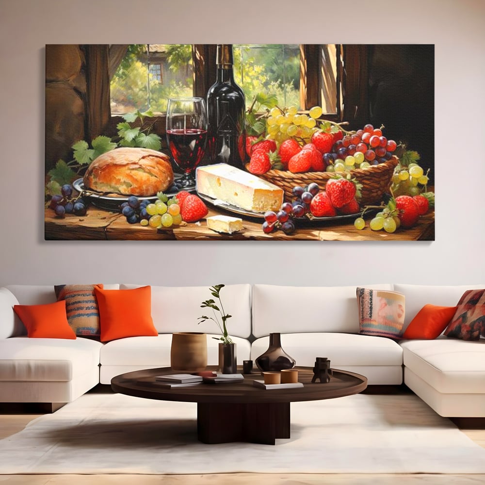 Tablou canvas cu natura moarta cu paine si vin, fara rama, pe sasiu de lemn, pe perete intr-un living