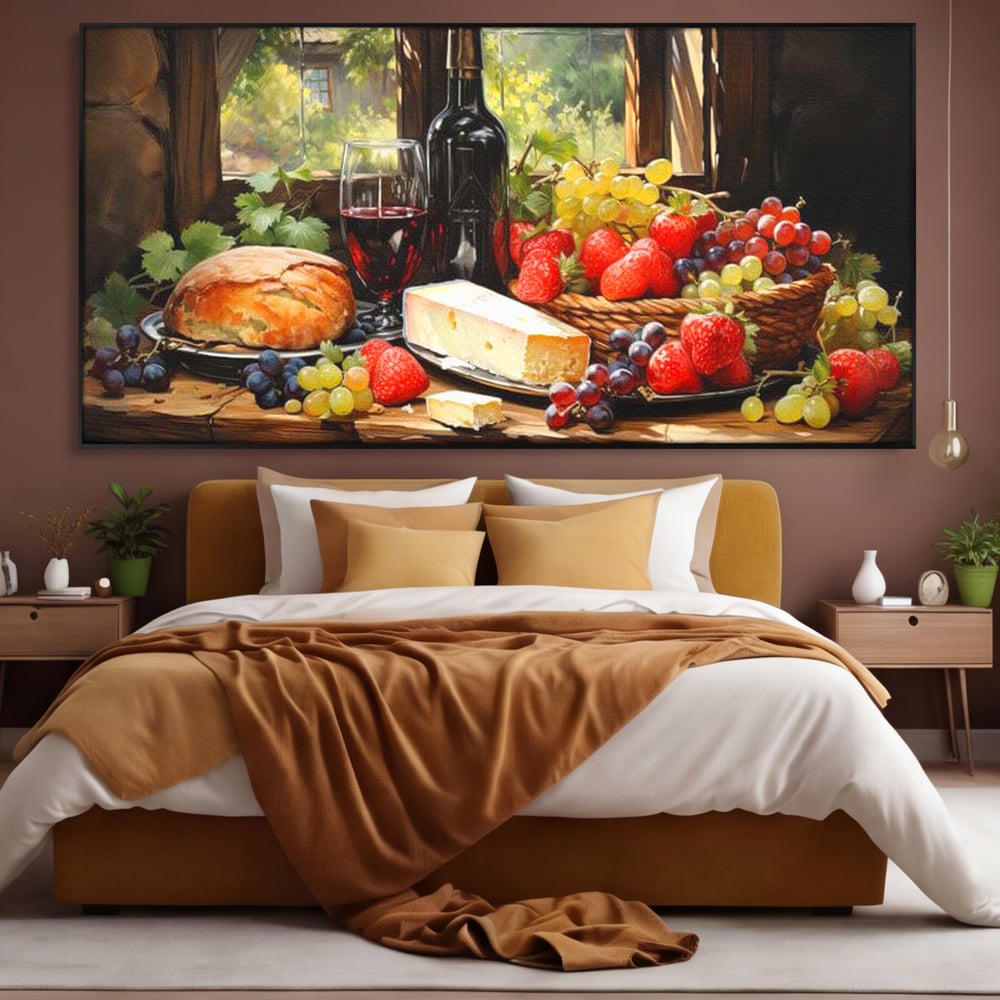 Tablou canvas cu natura moarta cu paine si vin, in rama de aluminiu negru, pe perete intr-un dormitor