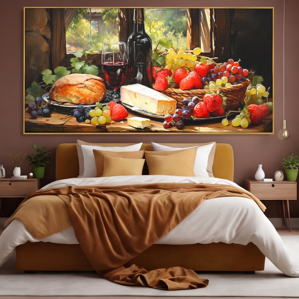 Tablou canvas cu natura moarta cu paine si vin, in rama de aluminiu auriu, pe perete intr-un dormitor