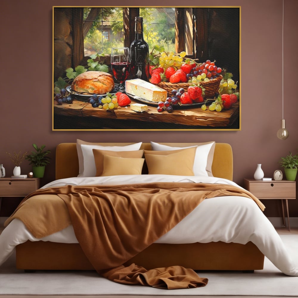 Tablou canvas cu natura moarta cu paine si vin, in rama de aluminiu auriu, pe perete intr-un dormitor