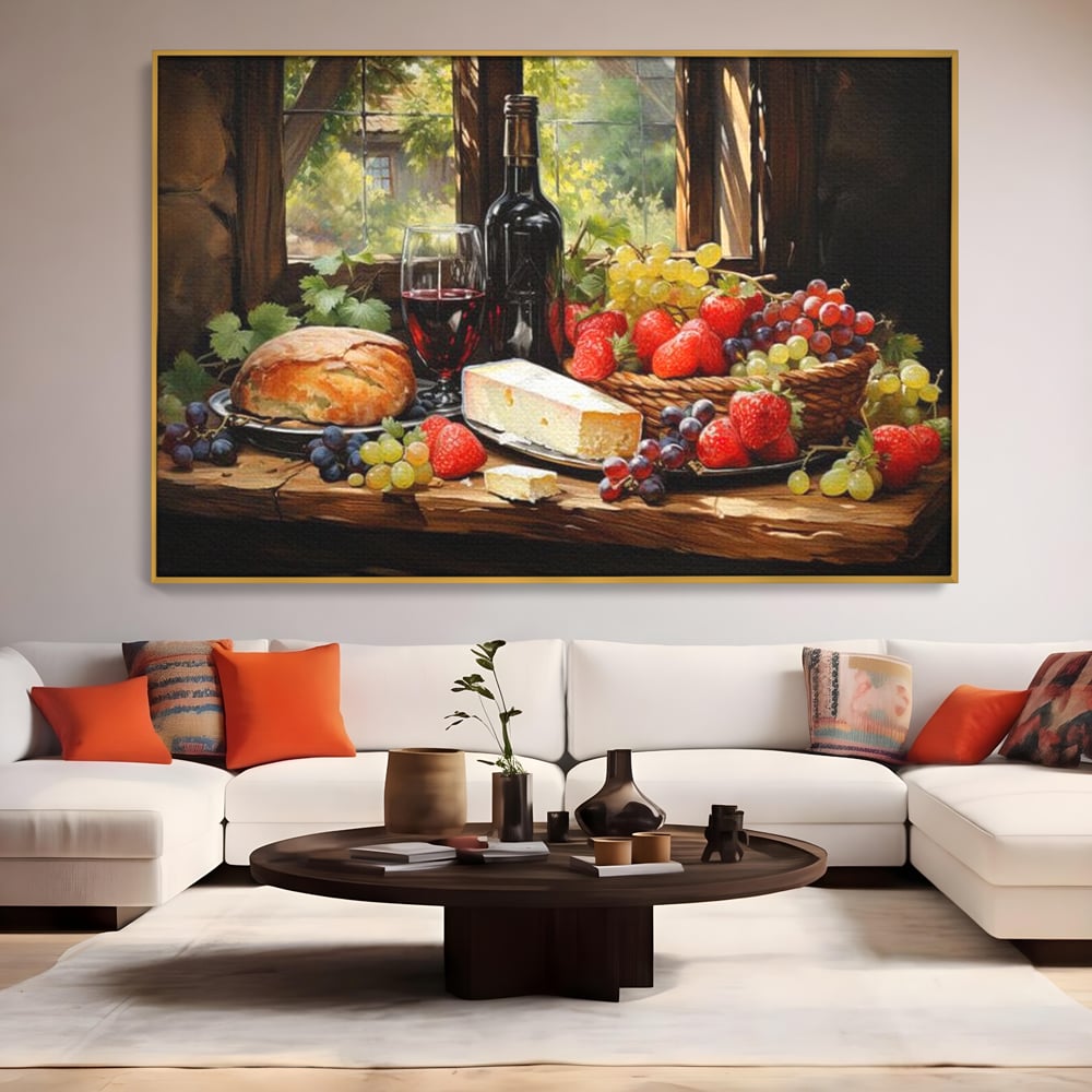 Tablou canvas cu natura moarta cu paine si vin, in rama de aluminiu auriu, pe perete intr-un living