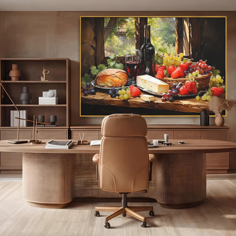 Tablou canvas cu natura moarta cu paine si vin, in rama de aluminiu auriu, pe perete intr-un birou