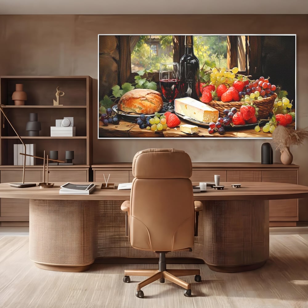 Tablou canvas cu natura moarta cu paine si vin, in rama de aluminiu argintiu, pe perete intr-un birou
