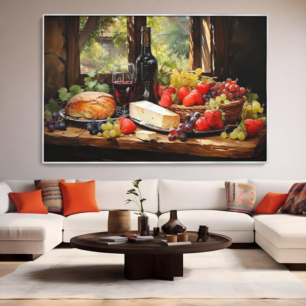 Tablou canvas cu natura moarta cu paine si vin, in rama de aluminiu argintiu, pe perete intr-un living