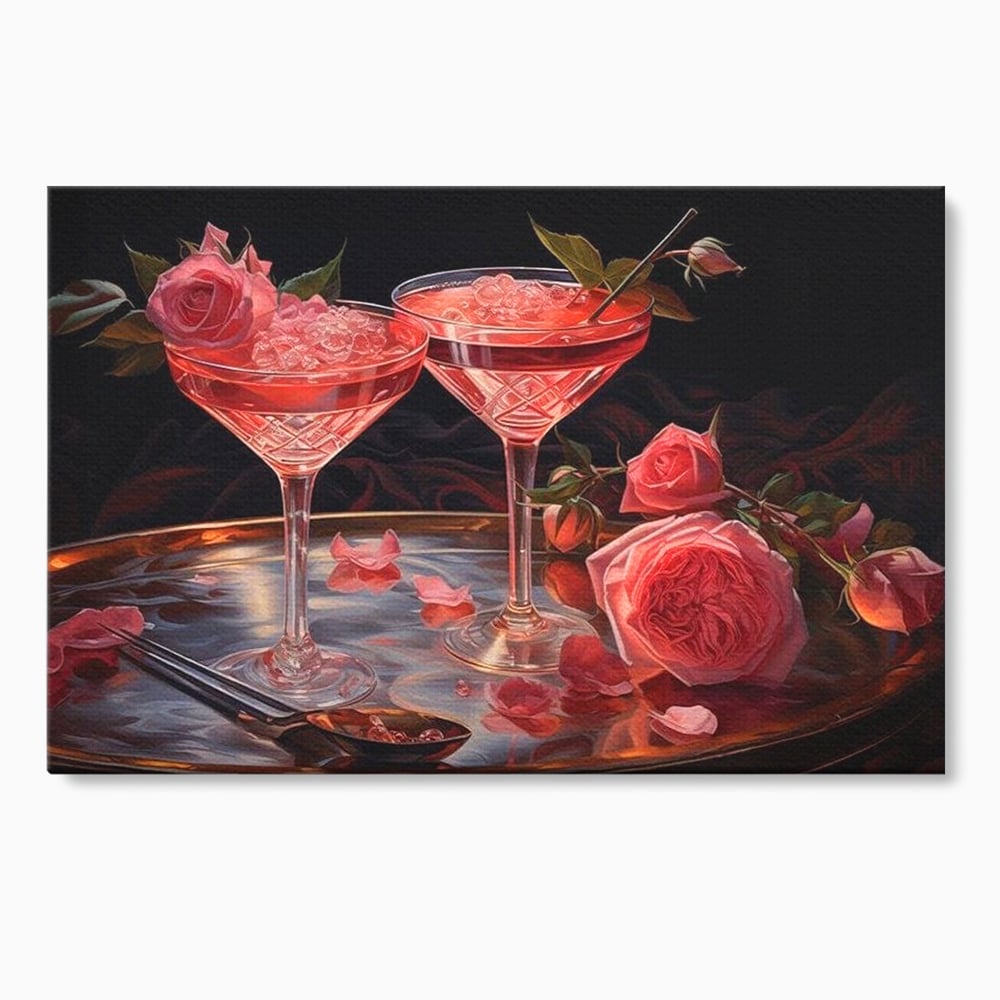 Tablou canvas cu tablou canvas cu pahare de cocktail si trandafiri, fara rama, pe sasiu de lemn